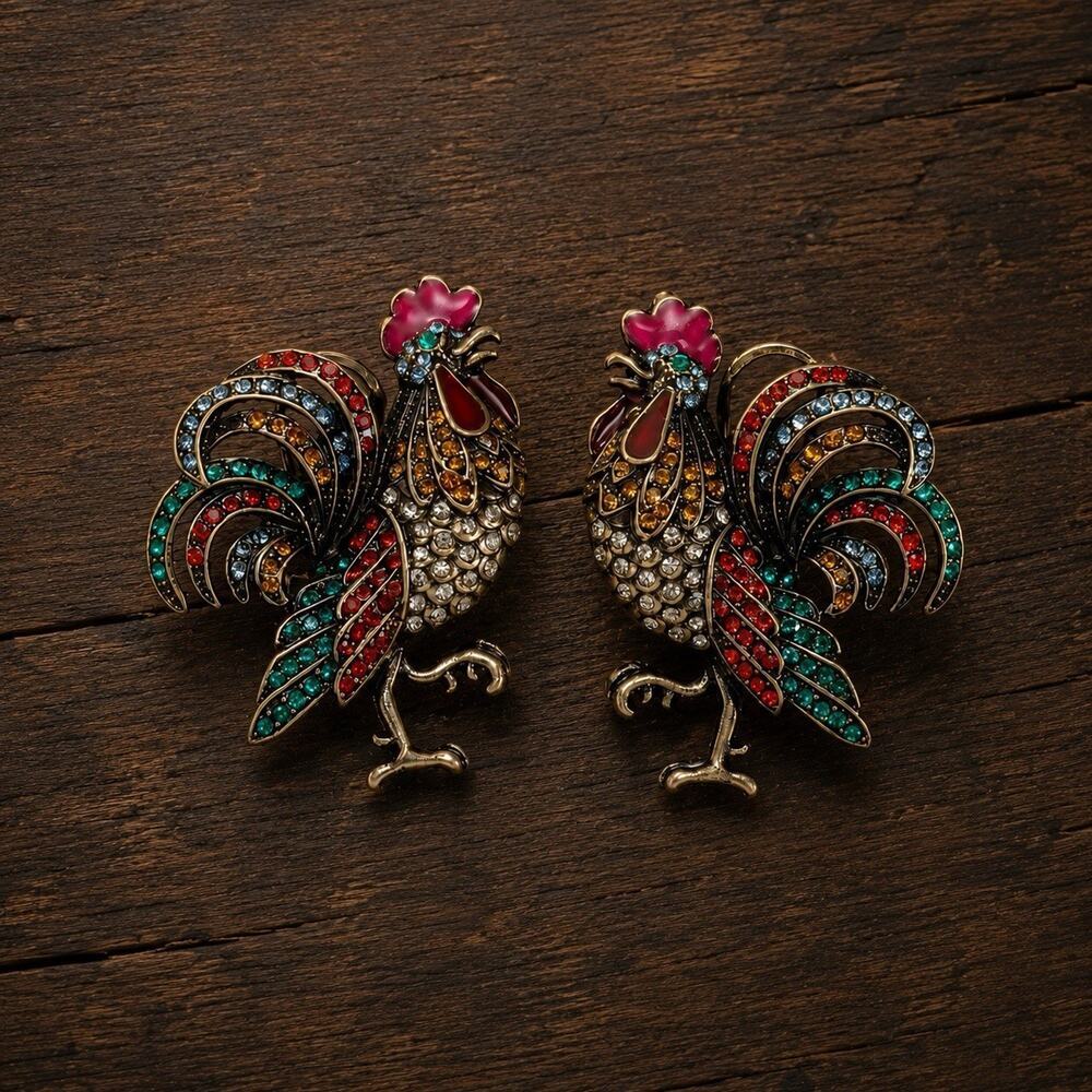 Rooster Bird Earrings VTG Museum Court Art Gold Antique Deco CZ Boho Stud Retro